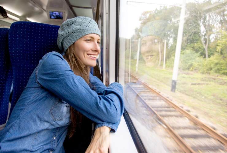 Persona in treno che osserva il panorama