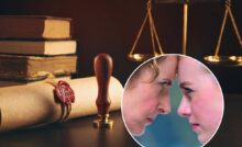 sfondo scrivania con simboli legge e tondo con persone che litigano