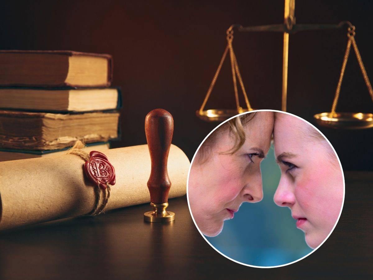 sfondo scrivania con simboli legge e tondo con persone che litigano